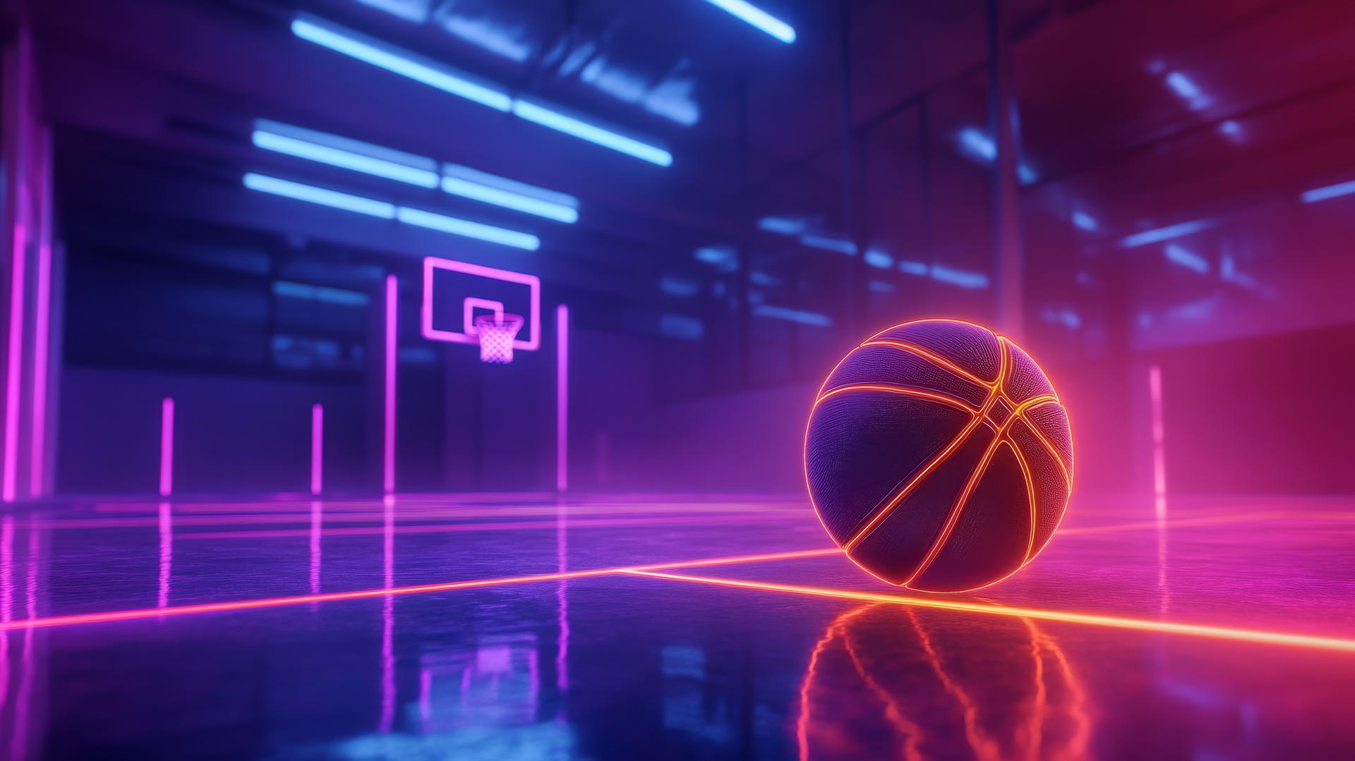 Glowing basketball rolling on neon-lit court with subtle light reflections