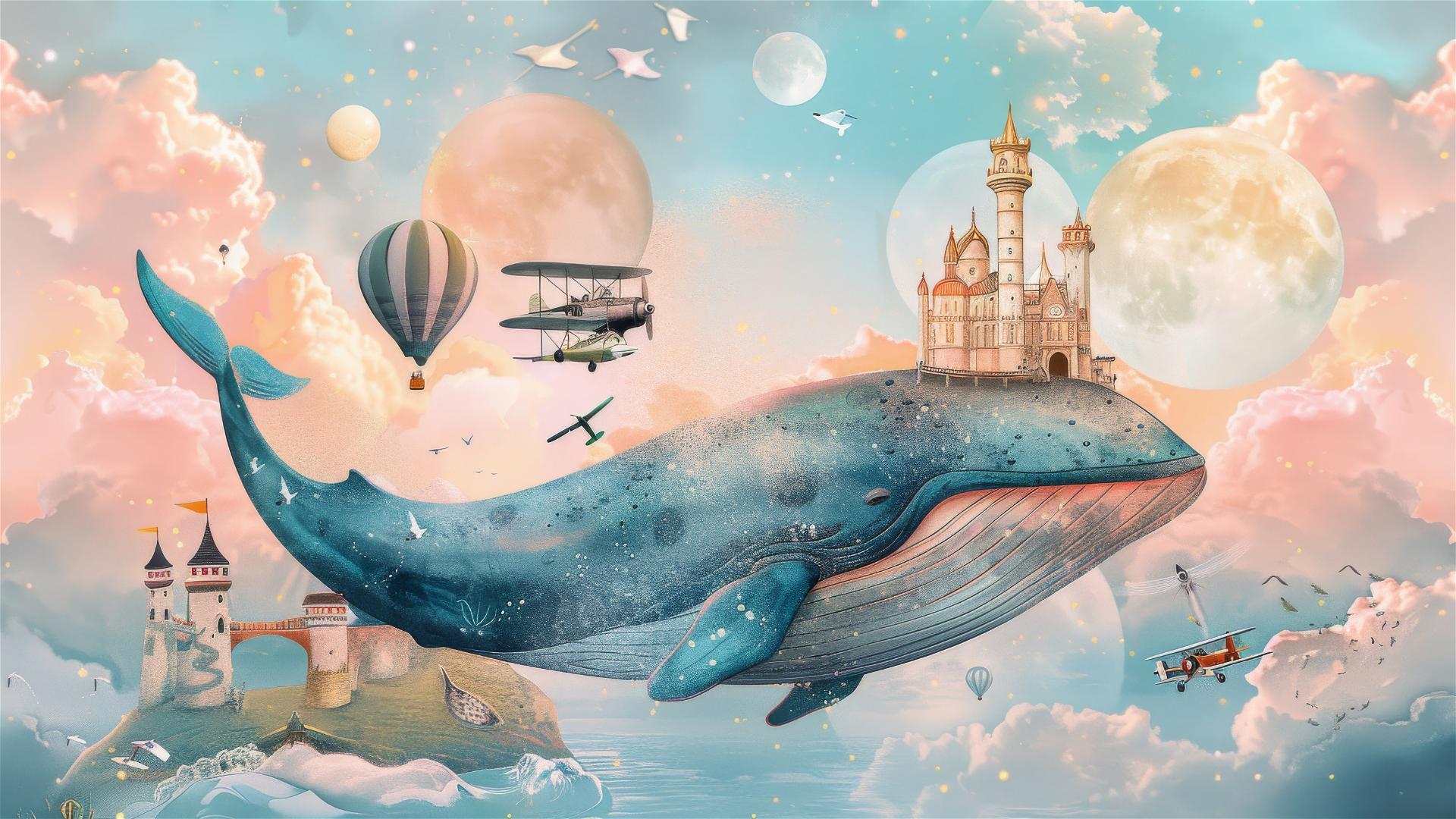 Fantasy scene: whale with castle, pastel sky, balloons, planes.