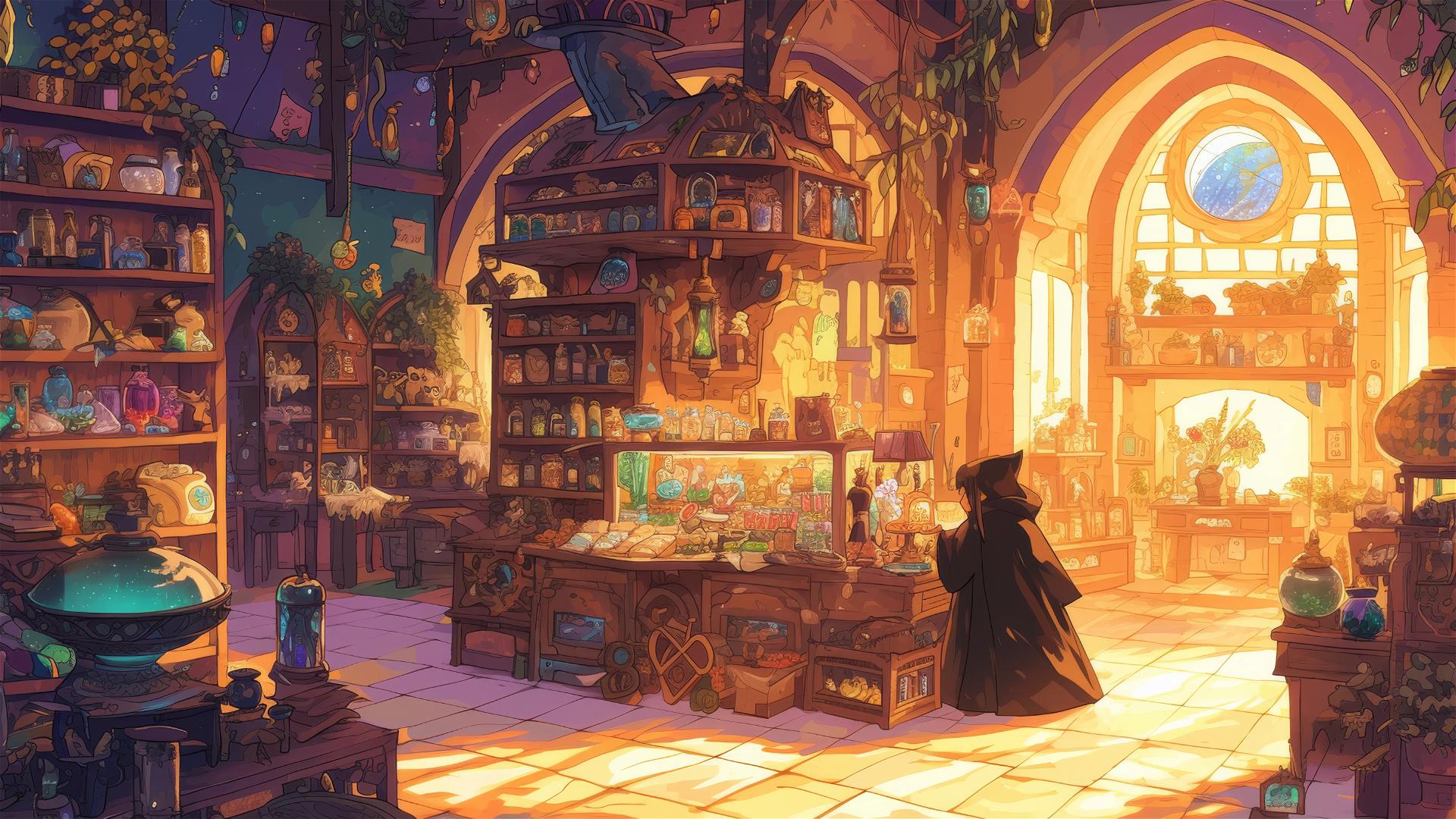 Anime marketplace in Ghibli style with magical items.