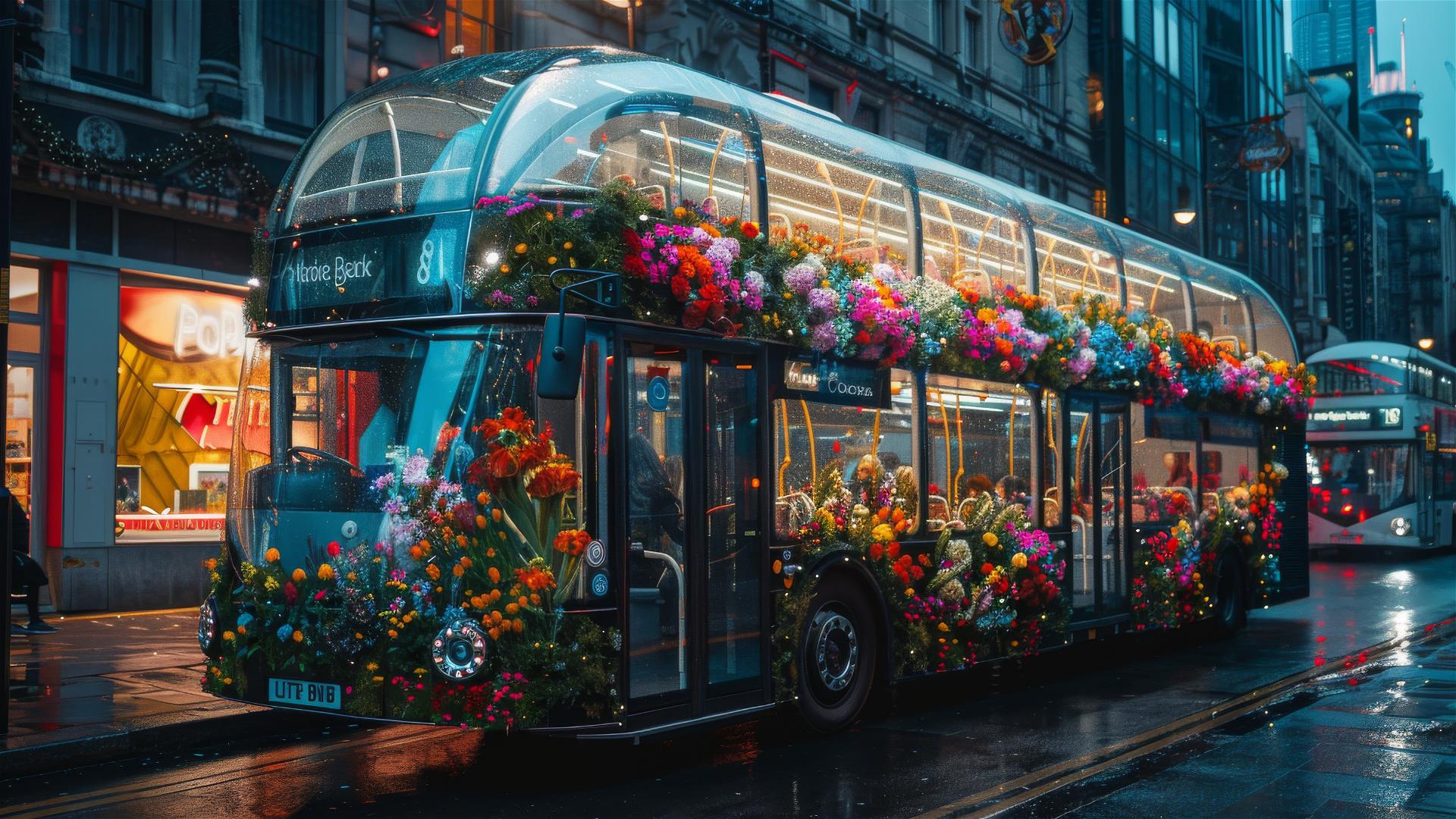 Glass bus with flowers driving in London