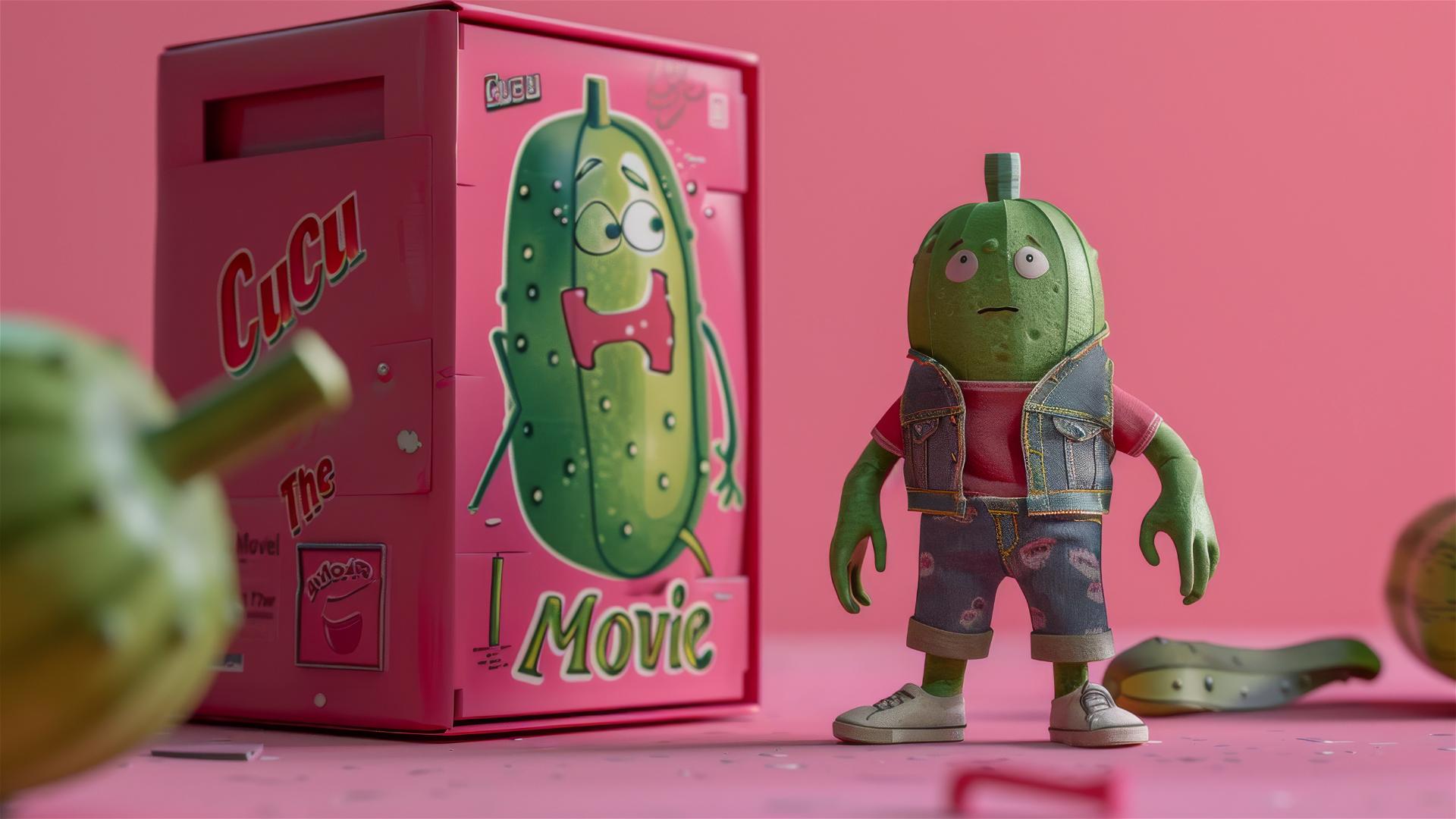Anthropomorphic cucumber in Barbie-style packaging dressed in denim and white shoes