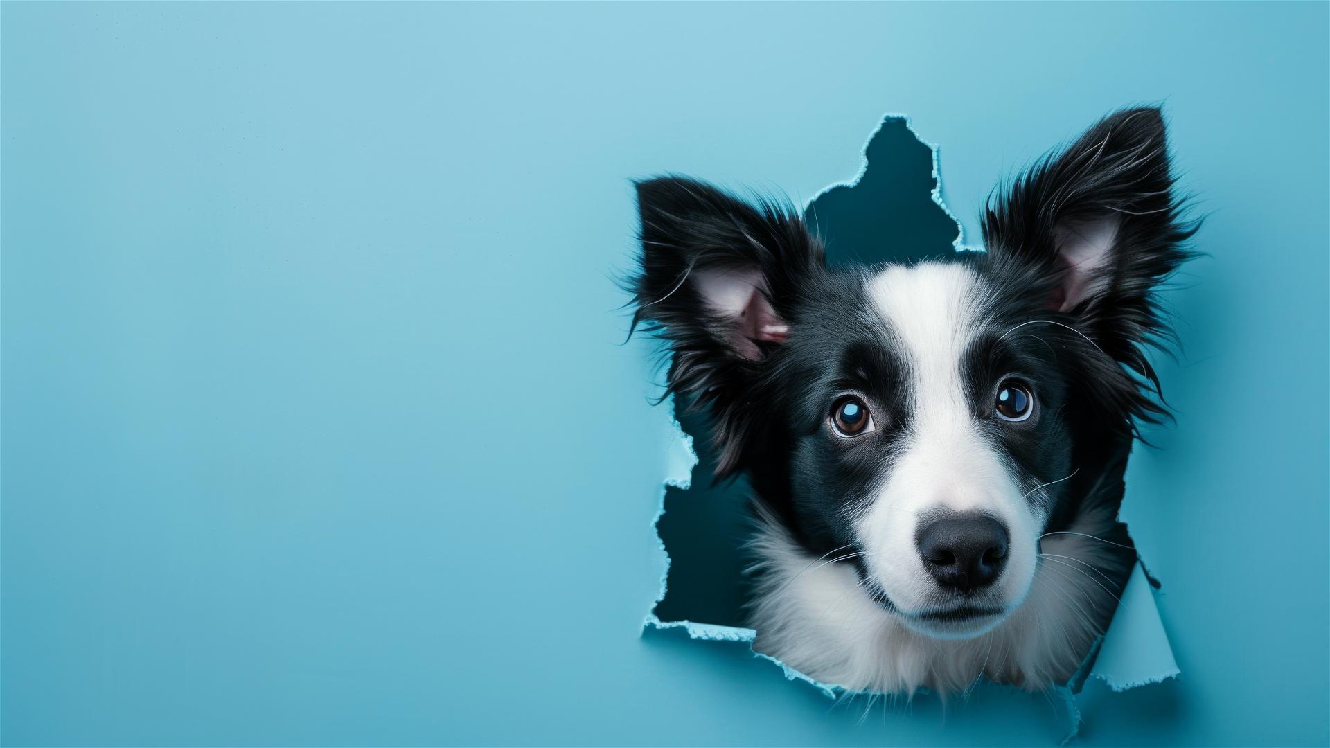 Border Collie peeking through hole in sky blue paper