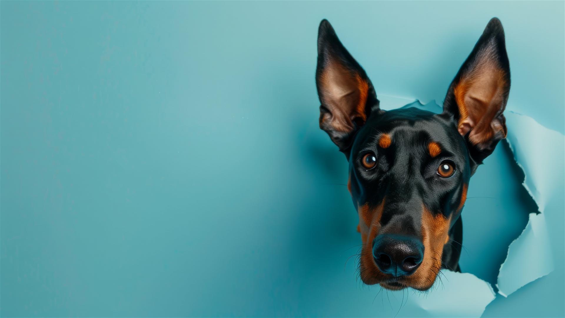 Doberman Pinscher peeking through hole in sky blue paper