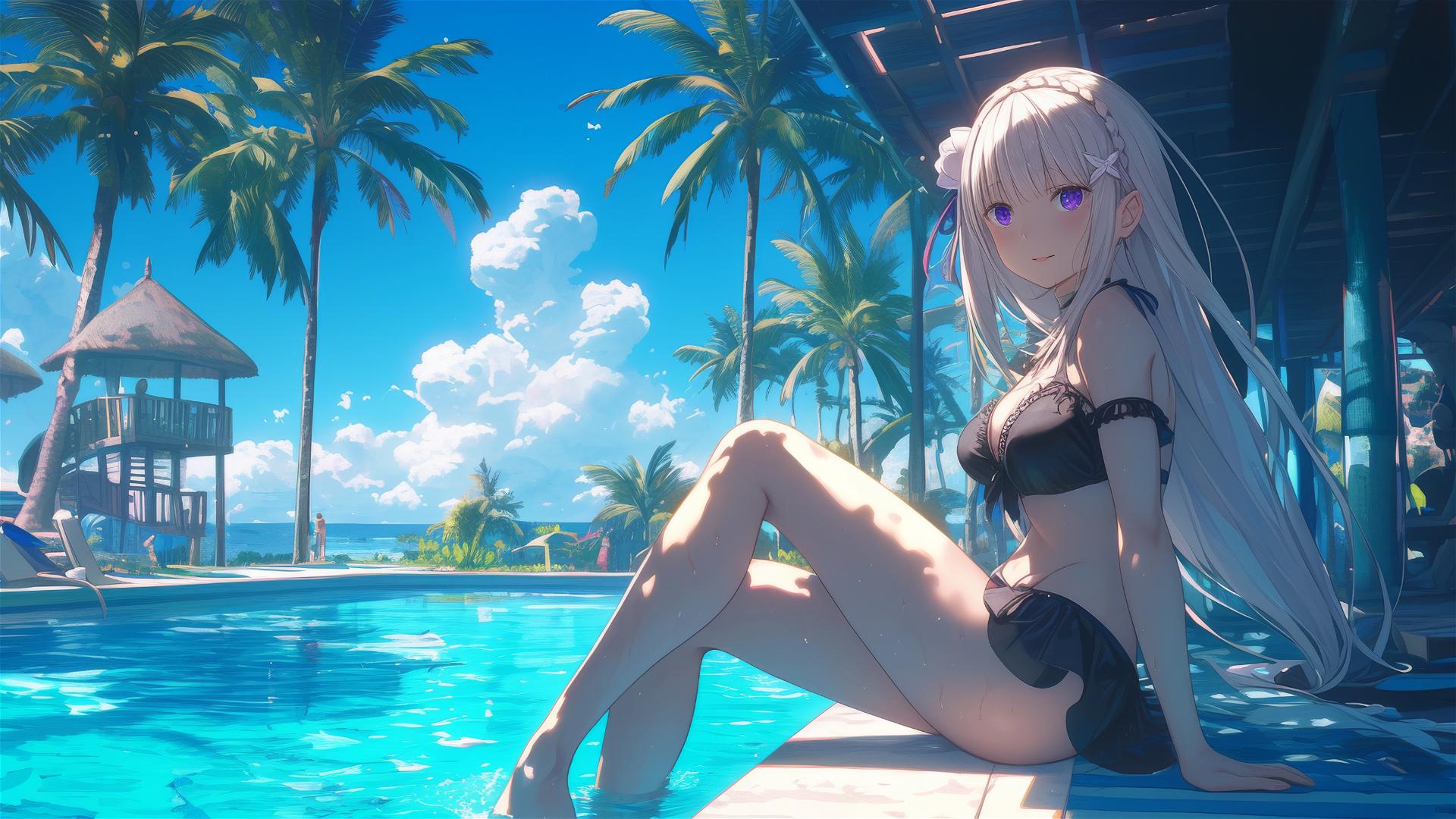 Emilia from Re:Zero resting by the pool in moonlight