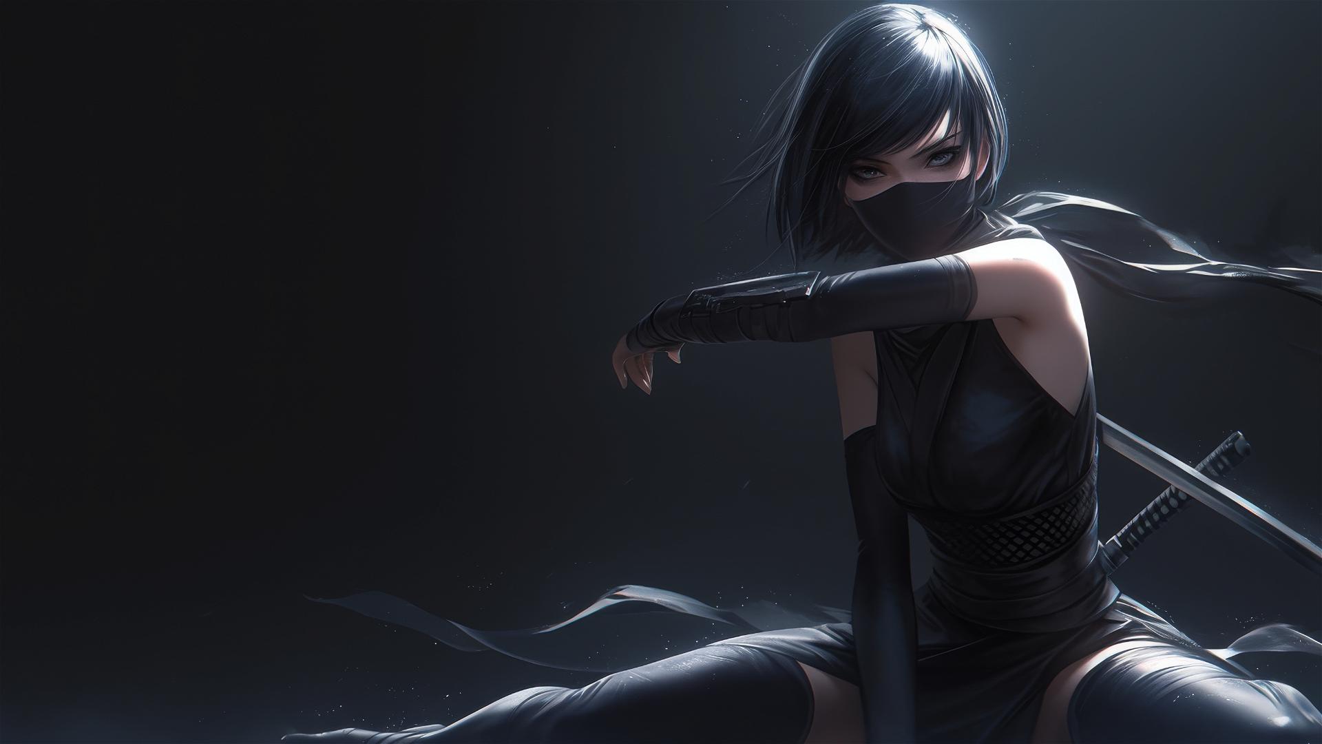 Ninja girl with short hair in dynamic pose, mask covering face, spotlight on thigh