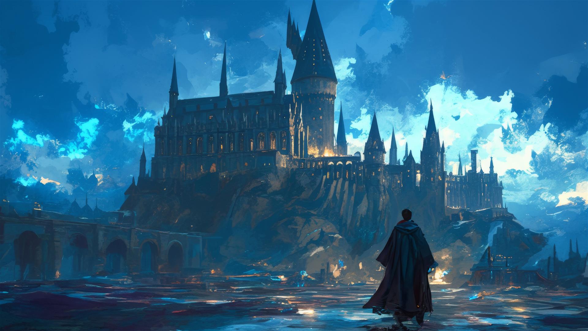 Hogwarts School illustration with dark background and spotlight