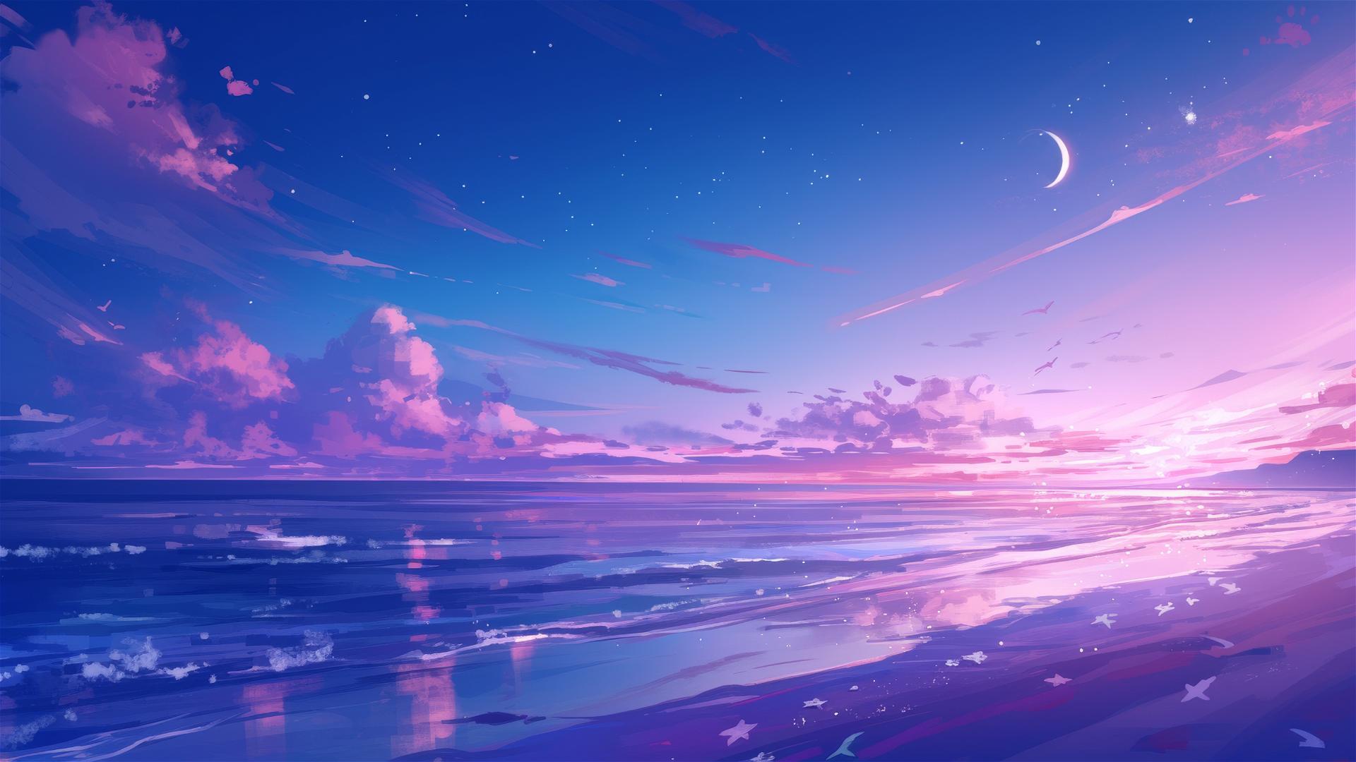 Dreamy night beach with soft pink and purple sky and calm sea reflecting moonlight