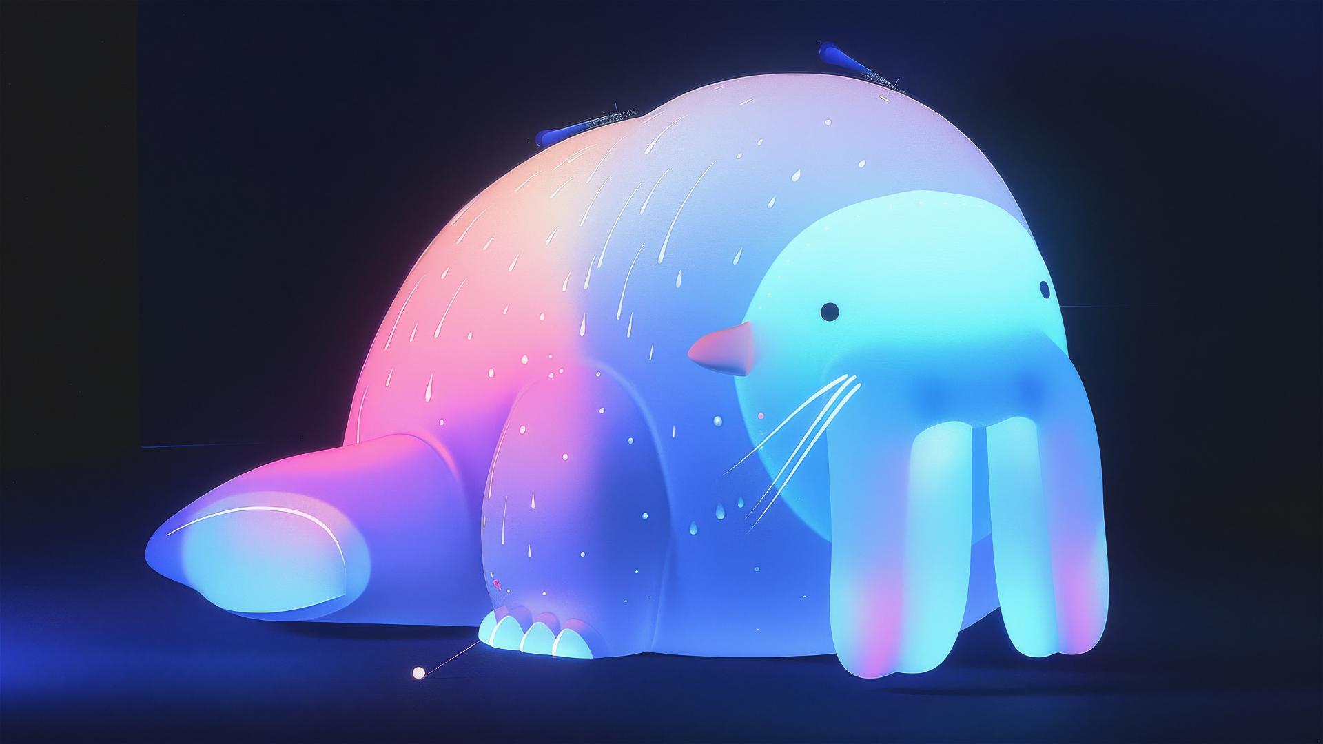 Large, luminescent walrus looking at a small light-emitting firefly in its flipper