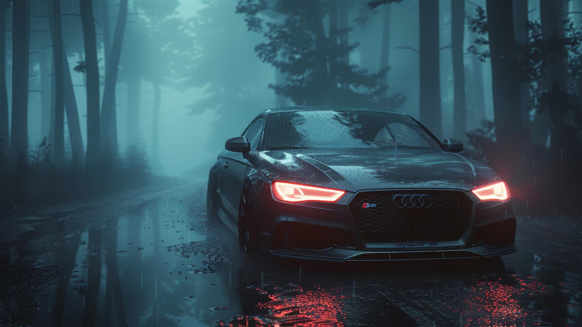 Dimly lit Audi RS3 in a foggy, gothic setting