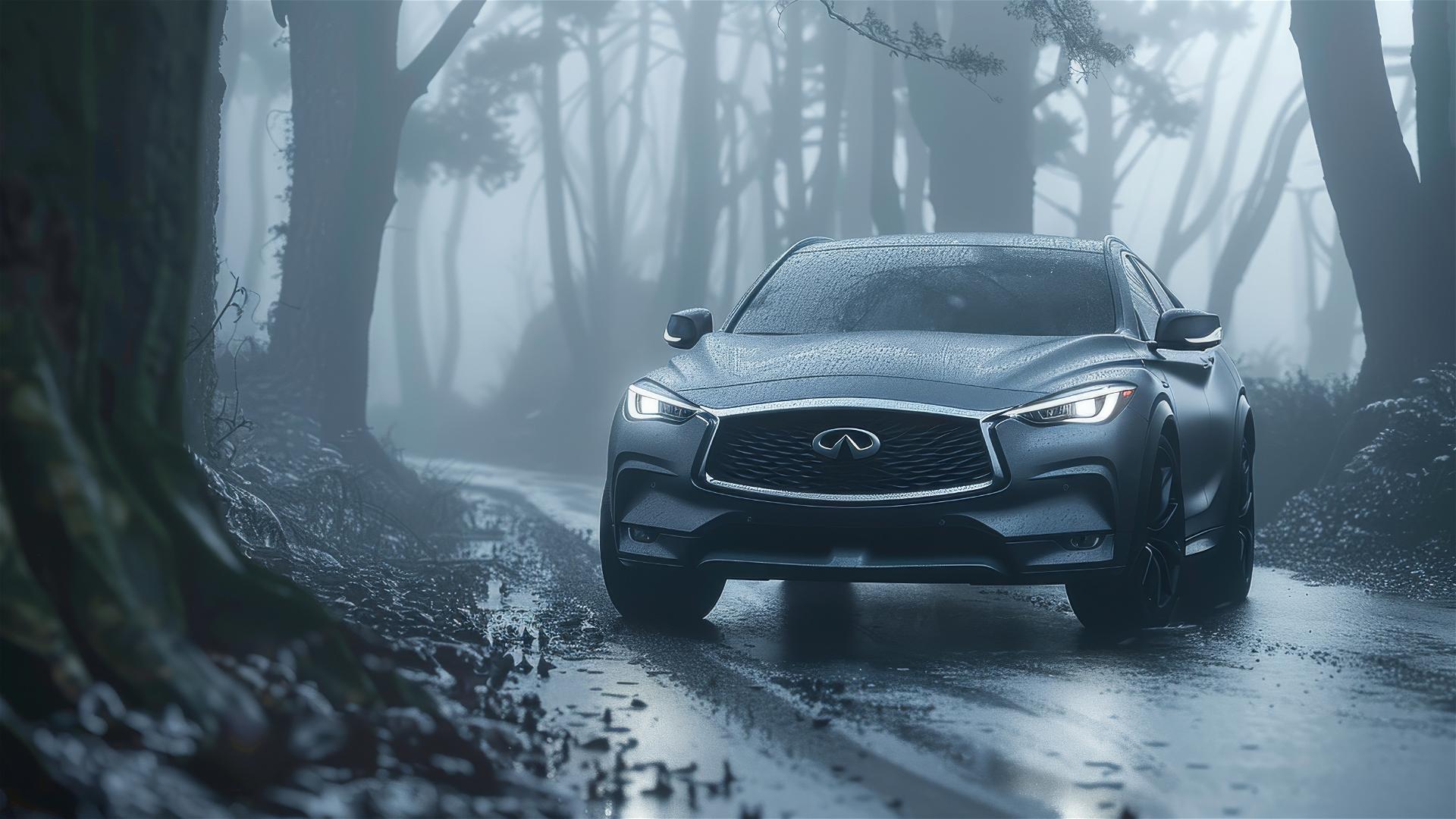 Depiction of Infiniti QX30 under dim lighting with gothic gloom, fog, and a closeup view