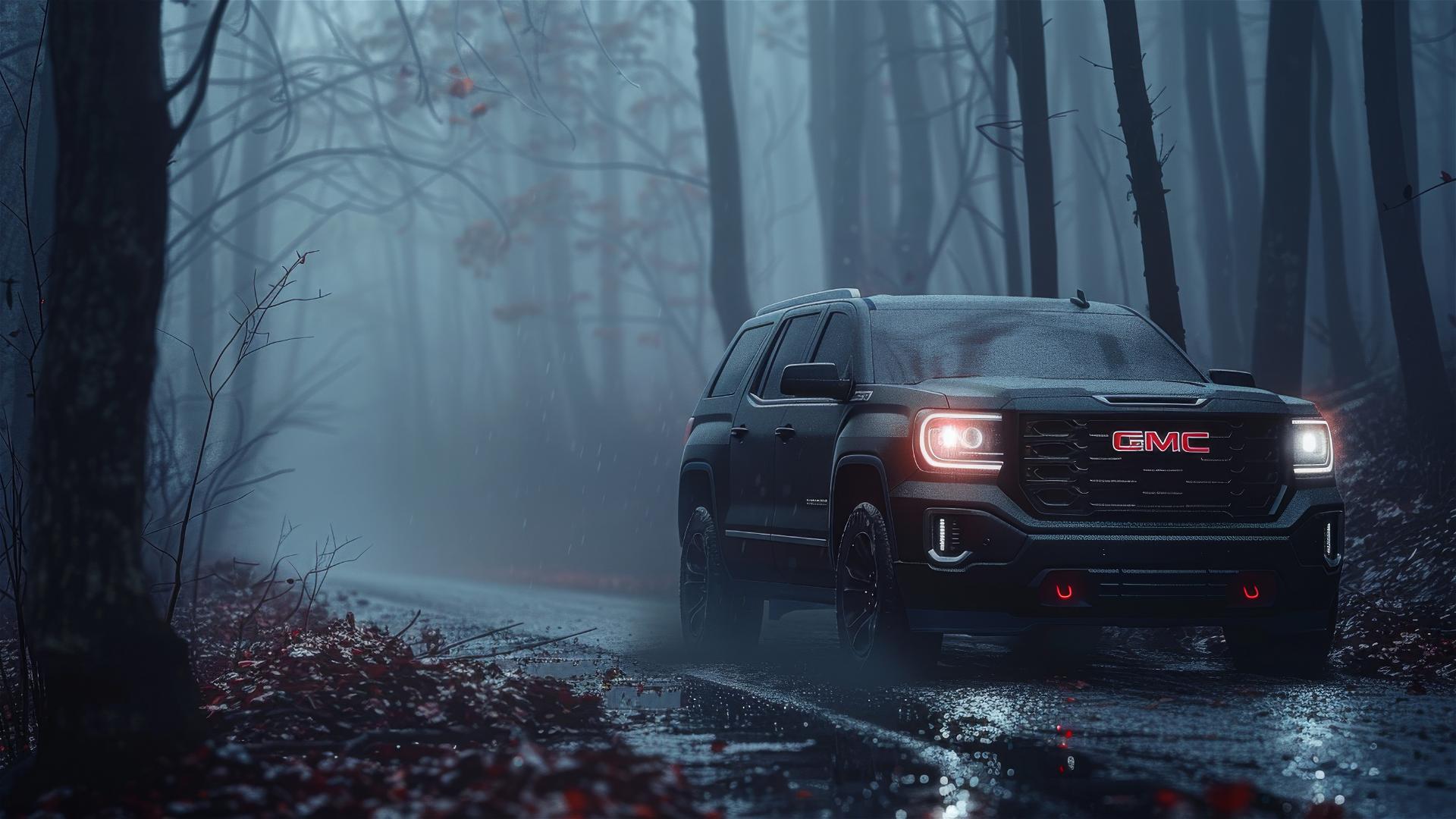 GMC Acadia under dim lighting in a gothic gloomy atmosphere with fog