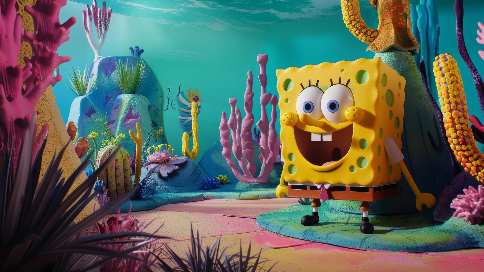 Colorful cutout animation scene from SpongeBob.