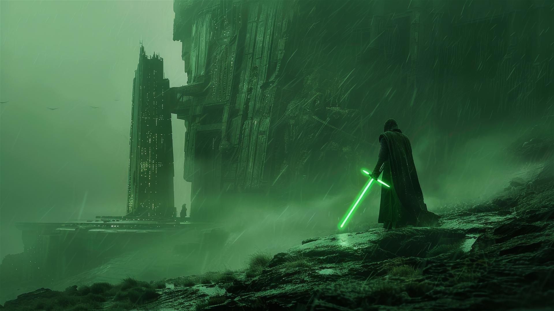 Jedi standing in rain on cliffside with green lightsaber overlooking temple