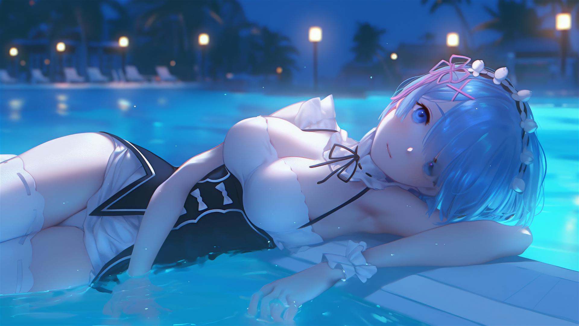 Rem from Re:Zero resting by a moonlit pool