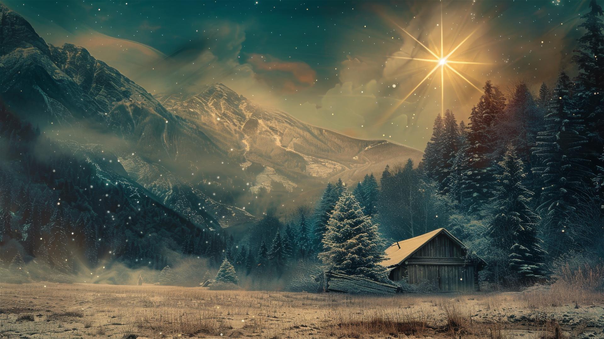 Christmas star over cabin near mountains, religious chiaroscuro, dark cyan, light brown