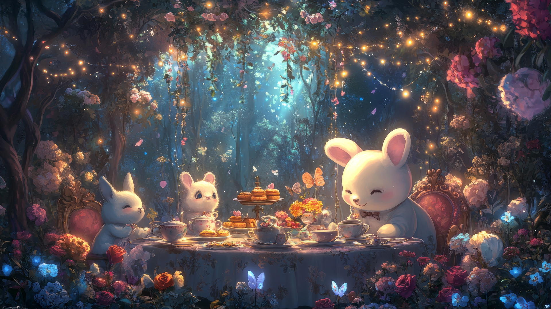 Cute wallpapers for girls featuring a whimsical tea party with bunnies and bears.