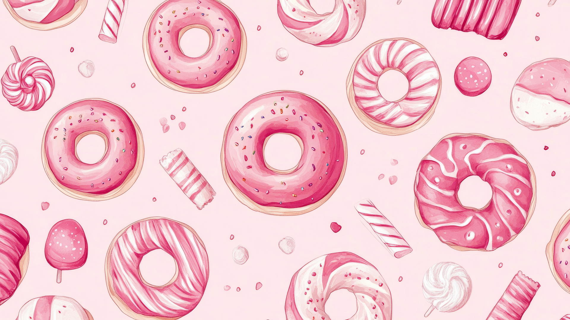 cute pink wallpaper with hand-drawn sweets like donuts and candy