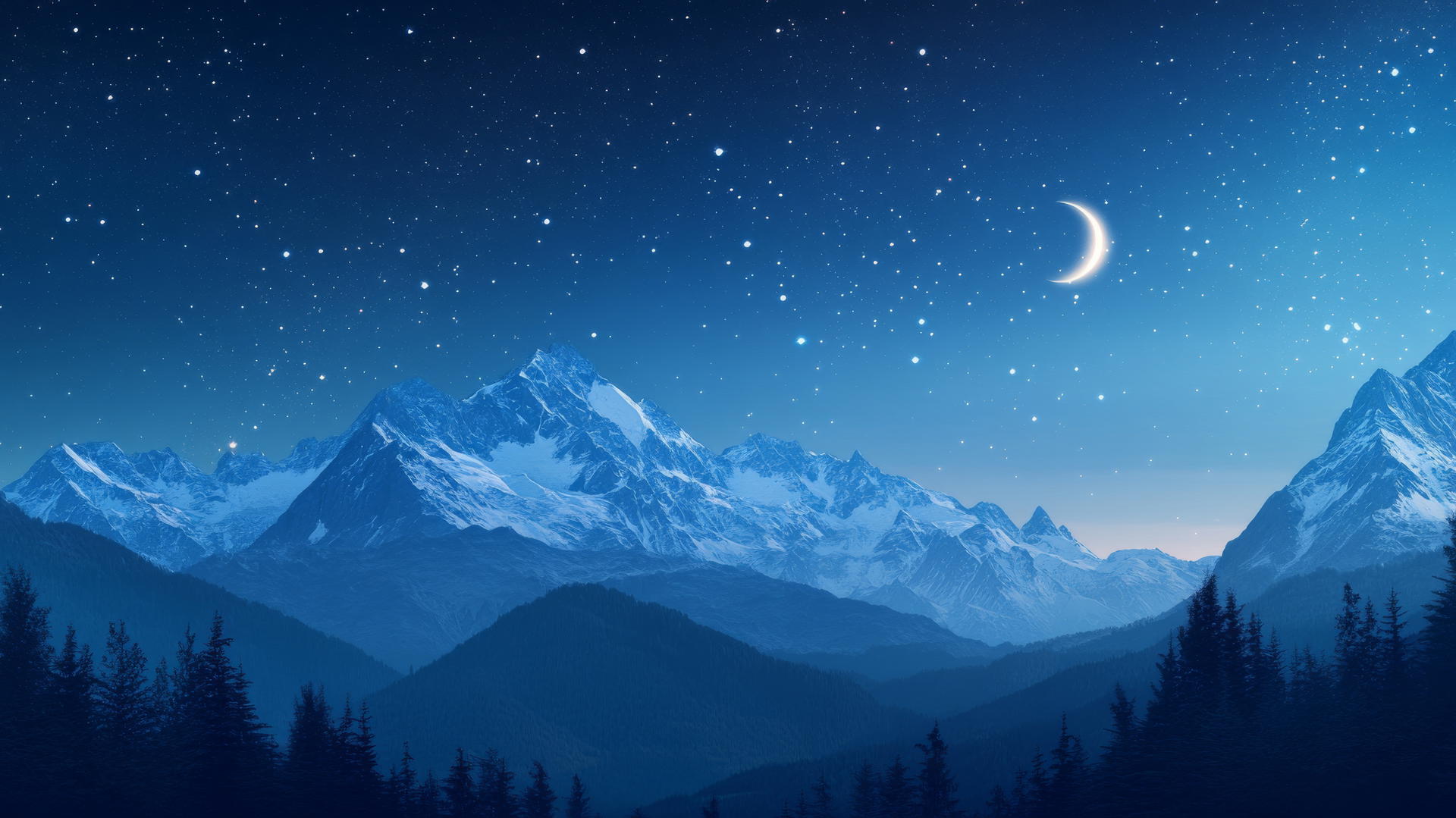 dark blue wallpaper with mountain range, crescent moon, and stars