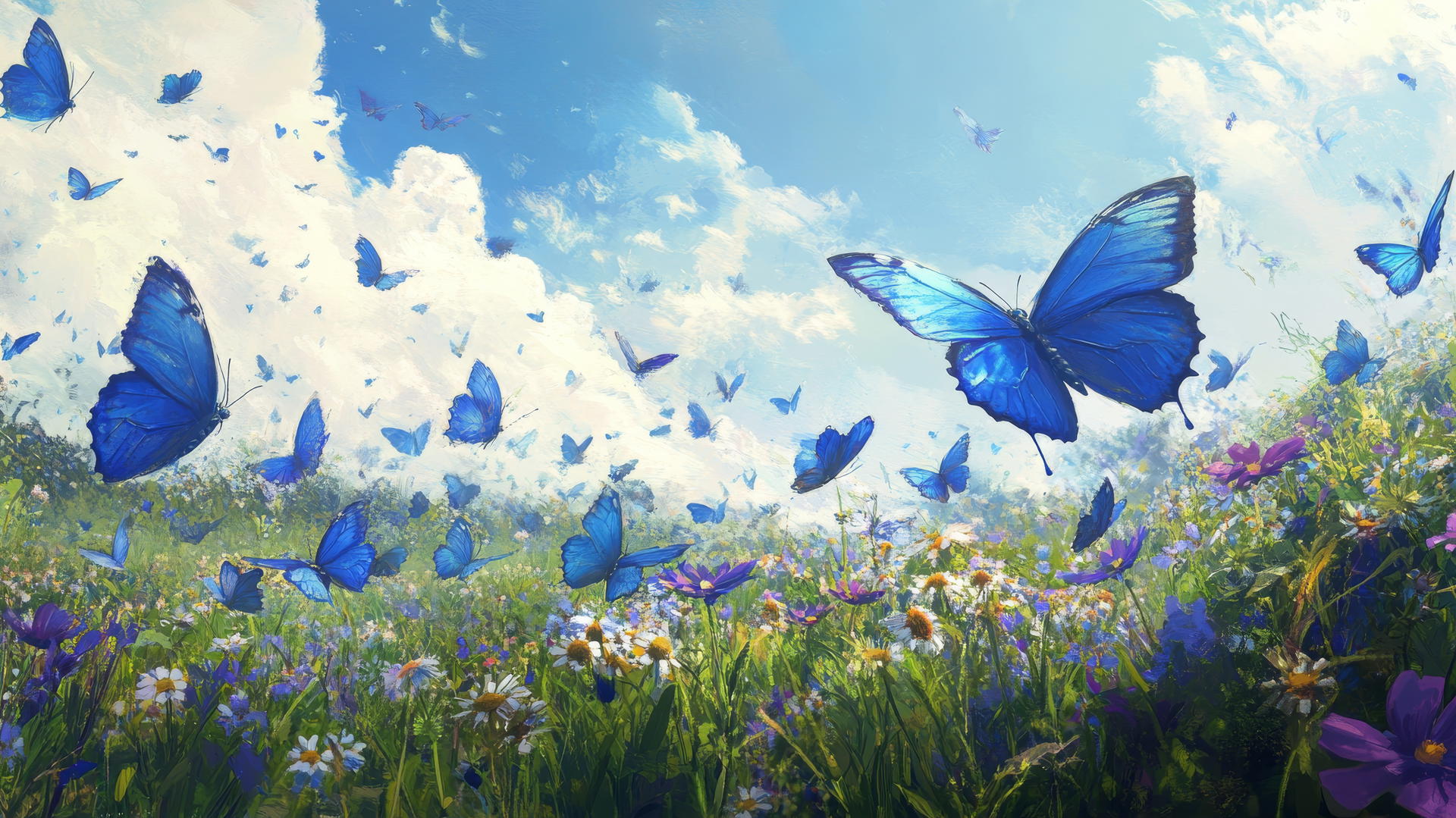 blue butterfly wallpaper with butterflies over a vibrant green meadow