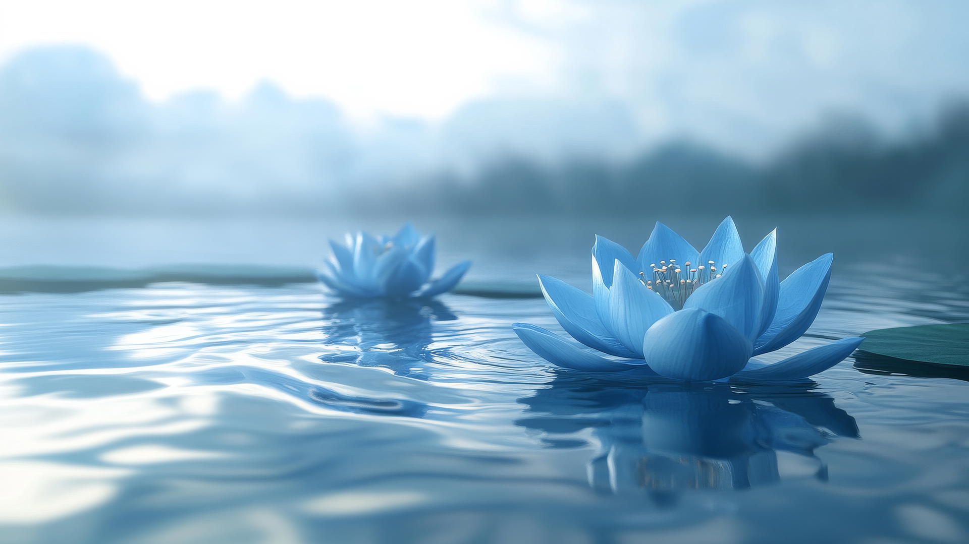 Serene blue lotus blossoms floating on water with soft ripples and reflections