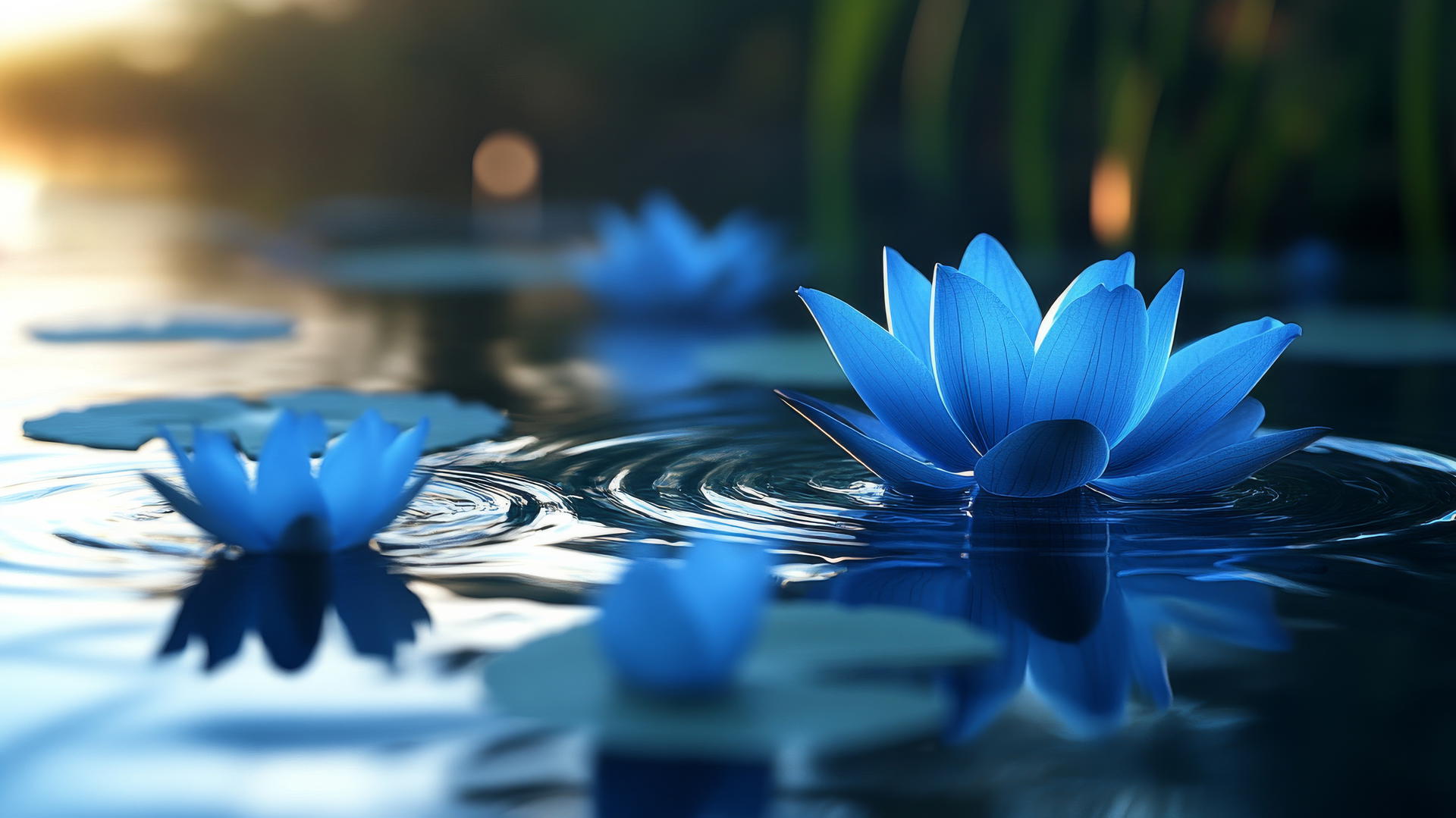 blue flower wallpaper with floating lotus petals on calm water