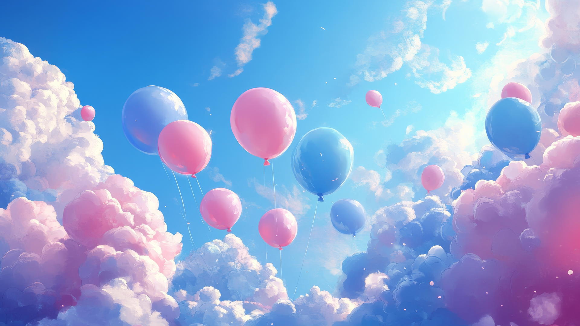 pink and blue wallpaper with balloons floating in a bright blue sky