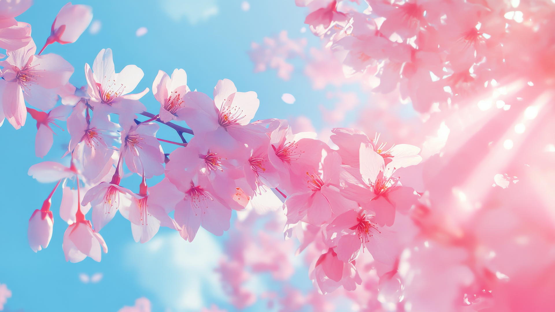 pink and blue wallpaper with delicate pink cherry blossoms against a bright blue sky