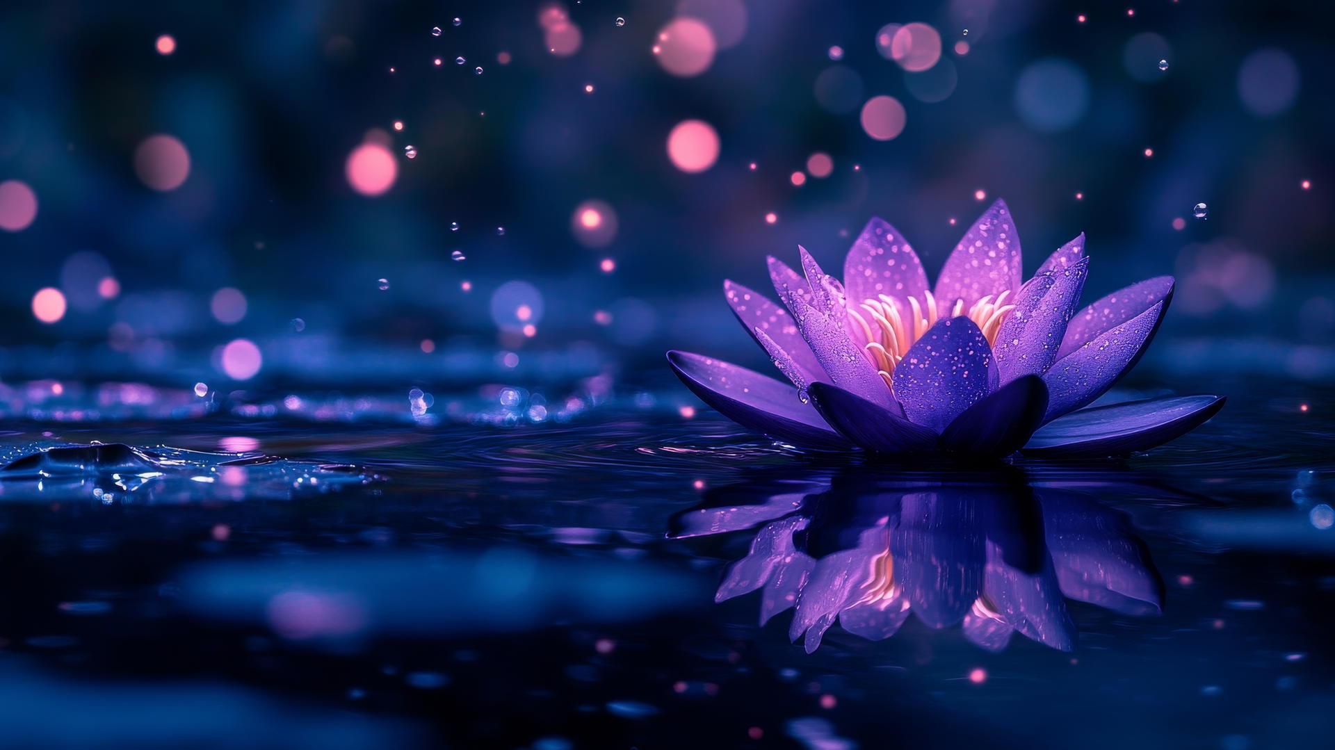 neon purple aesthetic wallpaper with a lotus flower on a calm lake