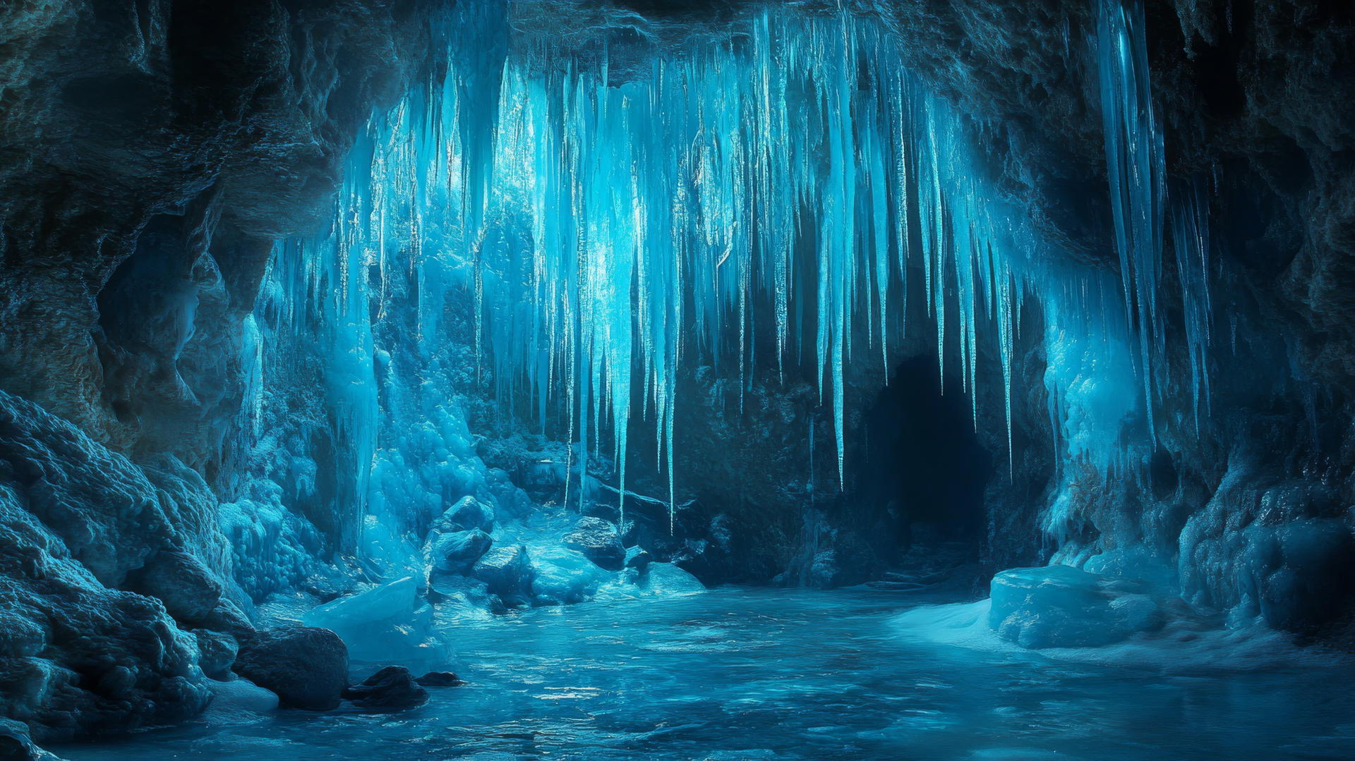 winter background wallpaper of an icy cave interior with blue ice formations and shimmering icicles