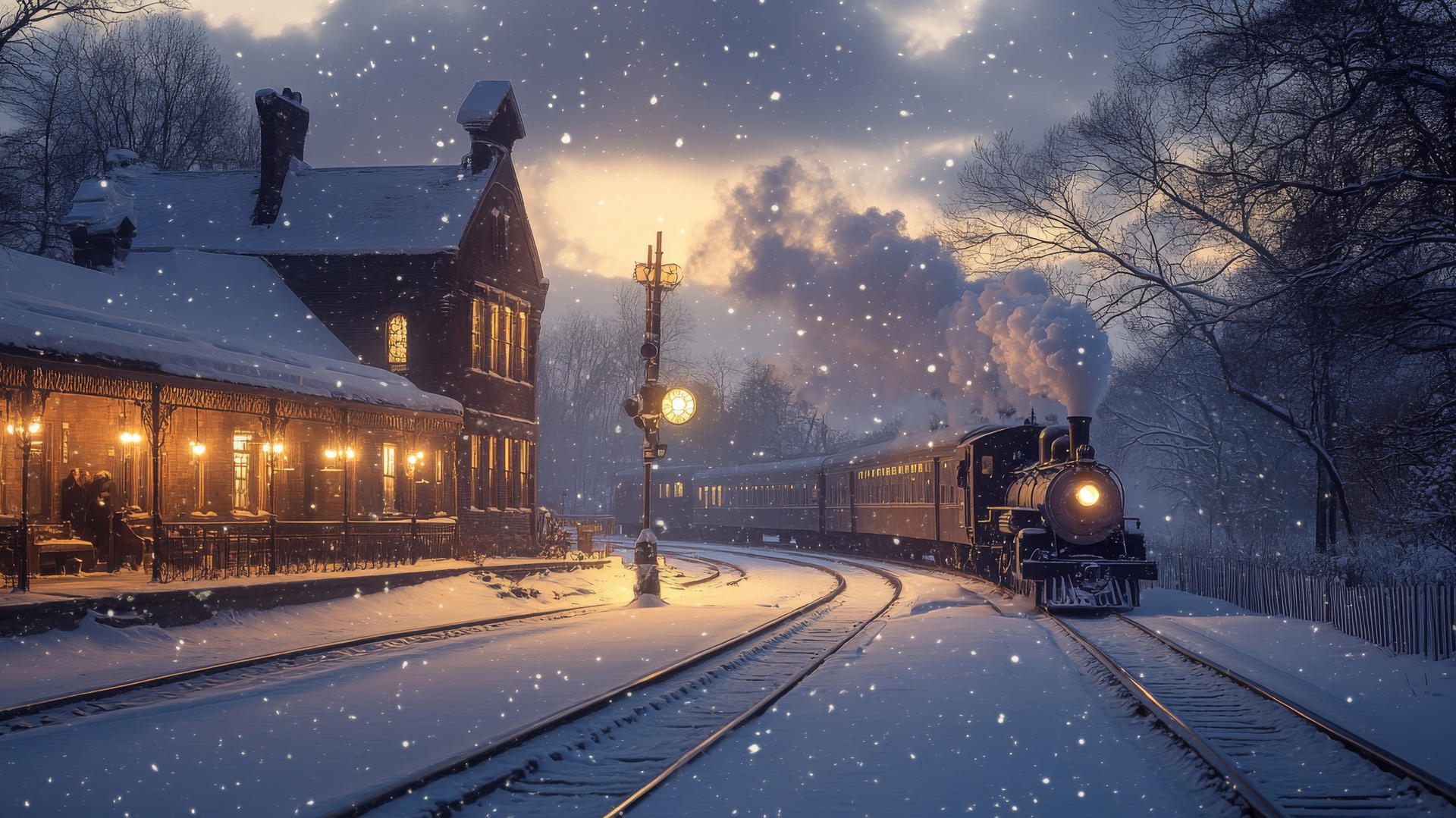 winter background wallpaper, snow-covered train station at dusk with vintage steam train