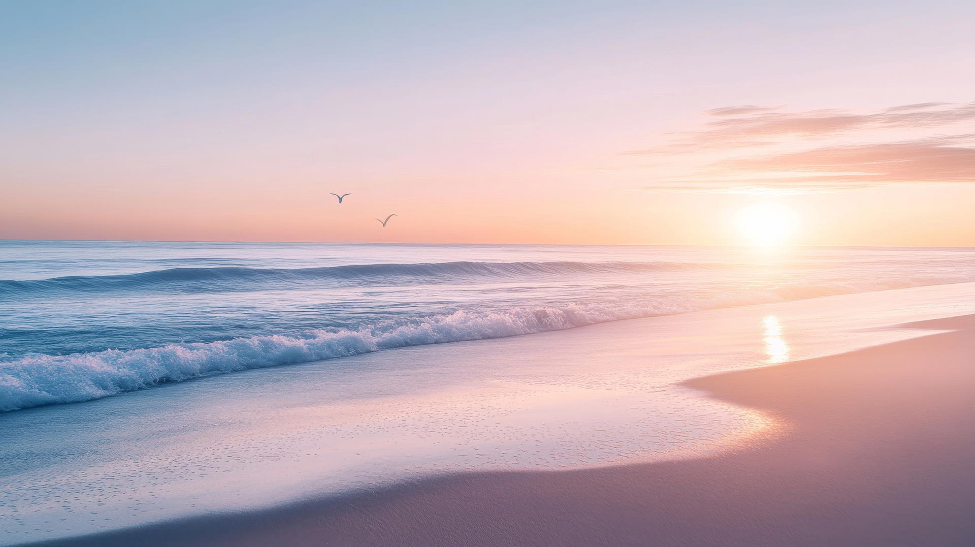 beach aesthetic wallpaper with smooth sand, gentle waves, and soft sunset lighting