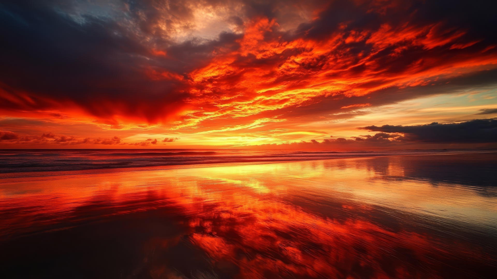 sunset beach wallpaper with fiery red and orange skies reflecting on wet sand