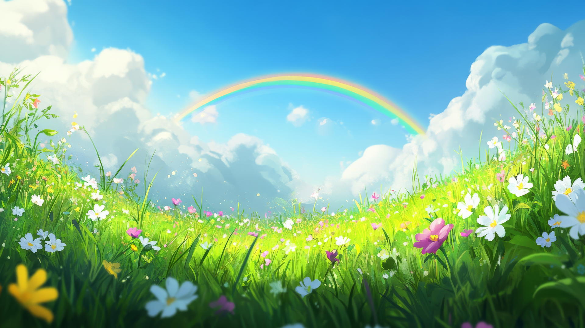spring wallpaper with green meadow, blooming wildflowers, and rainbow