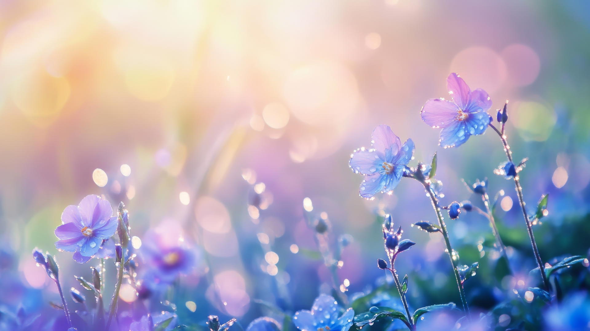 spring wallpaper with misty morning, dew-covered flowers, and soft sunlight