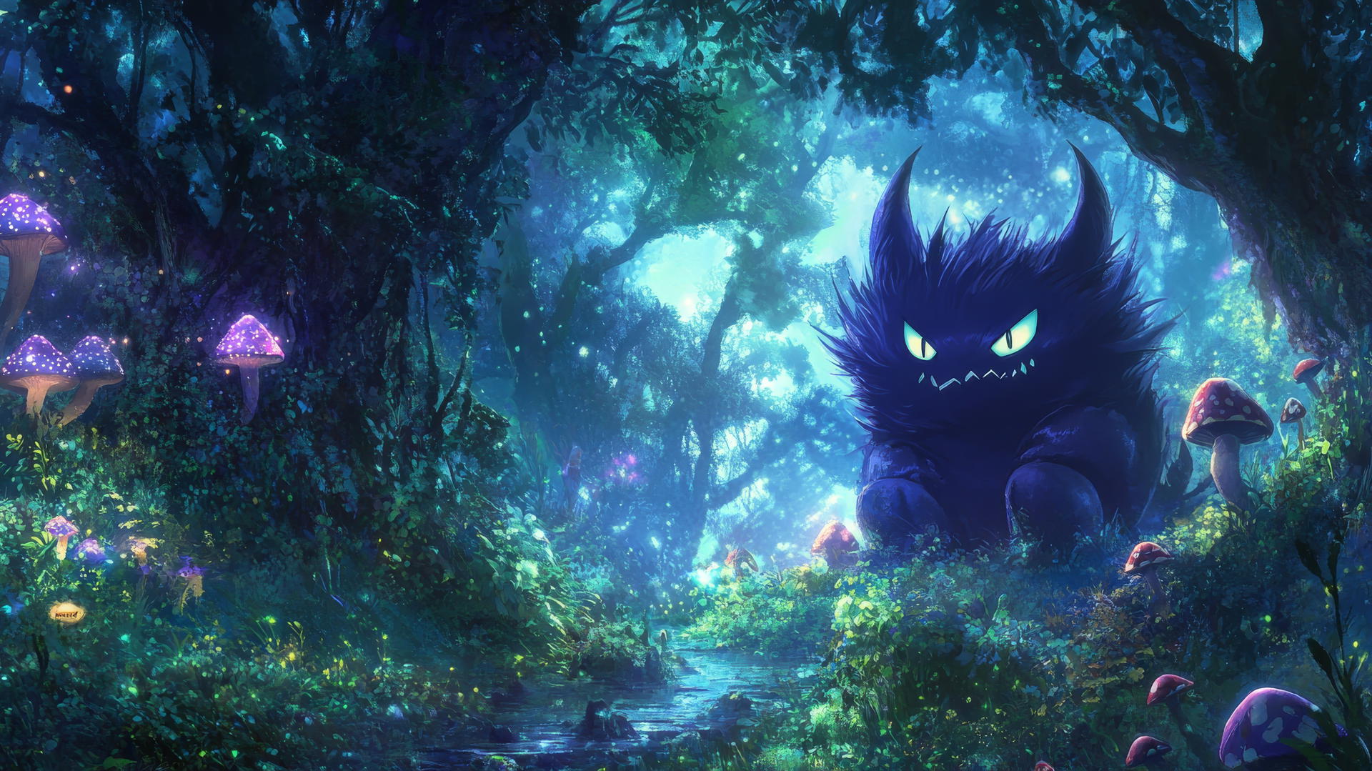 Gengar Pokemon in a mystical forest with glowing mushrooms and ethereal light