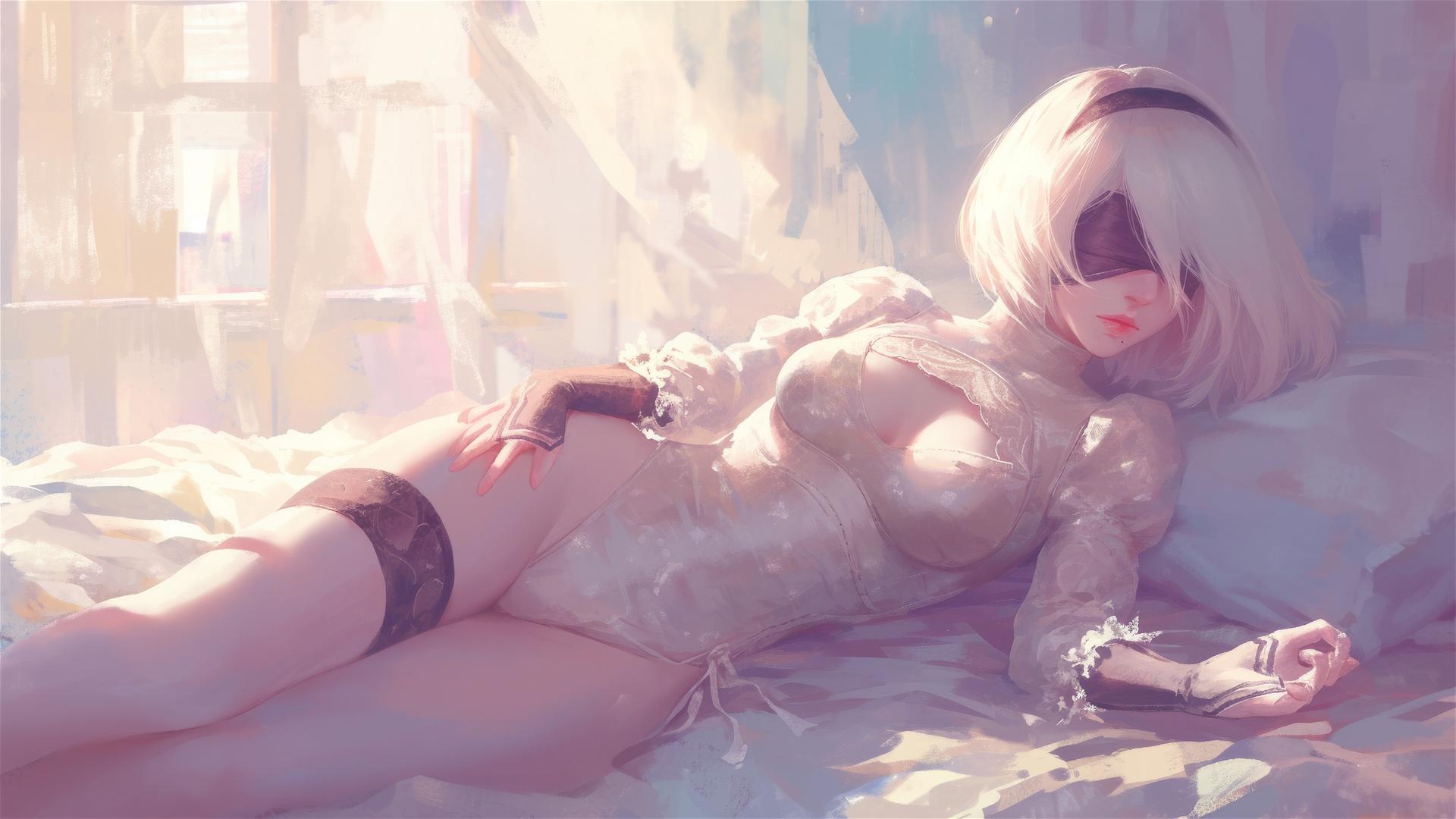 2B from Nier in white silk pajamas, basking in sunrise glow