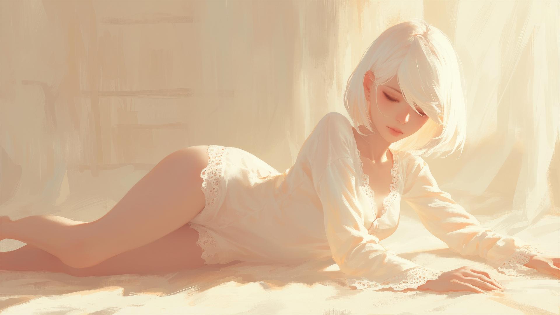 2B from Nier in white silk pajamas resting at sunrise.