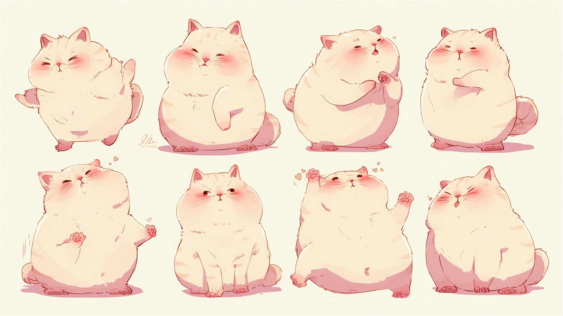 Colorful cartoon fat cat in cute, funny poses with various expressions.