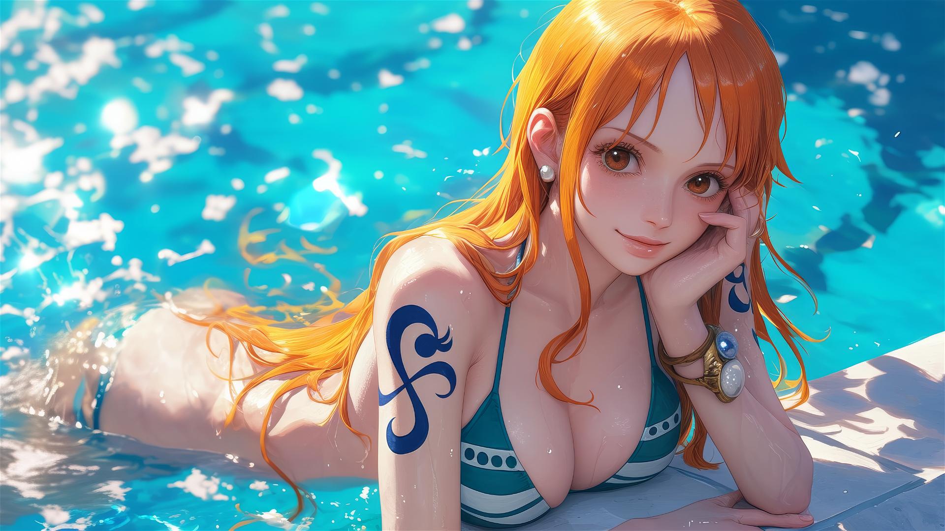 Nami from One Piece resting by a pool under moonlight
