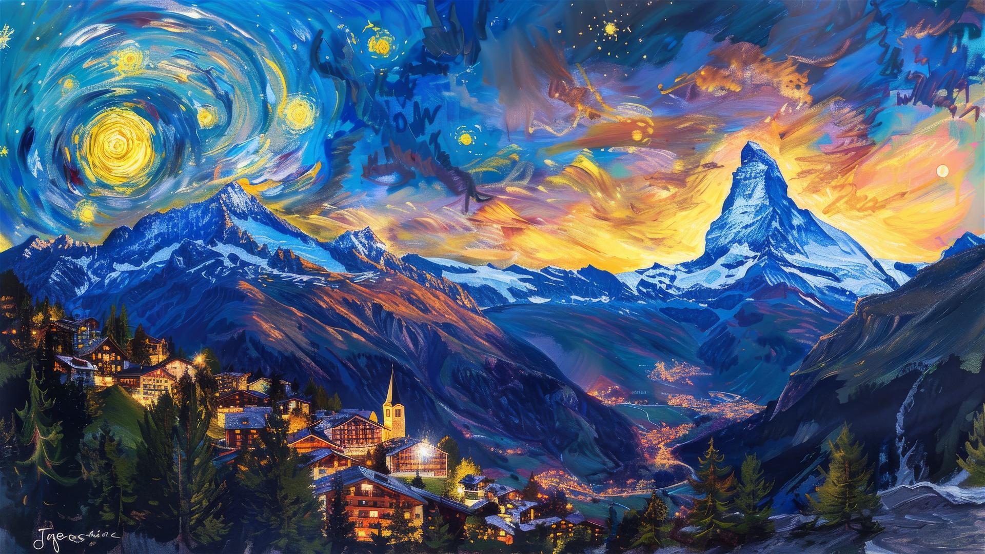 Zermatt and Matterhorn at dusk with van Gogh's Starry Night sky