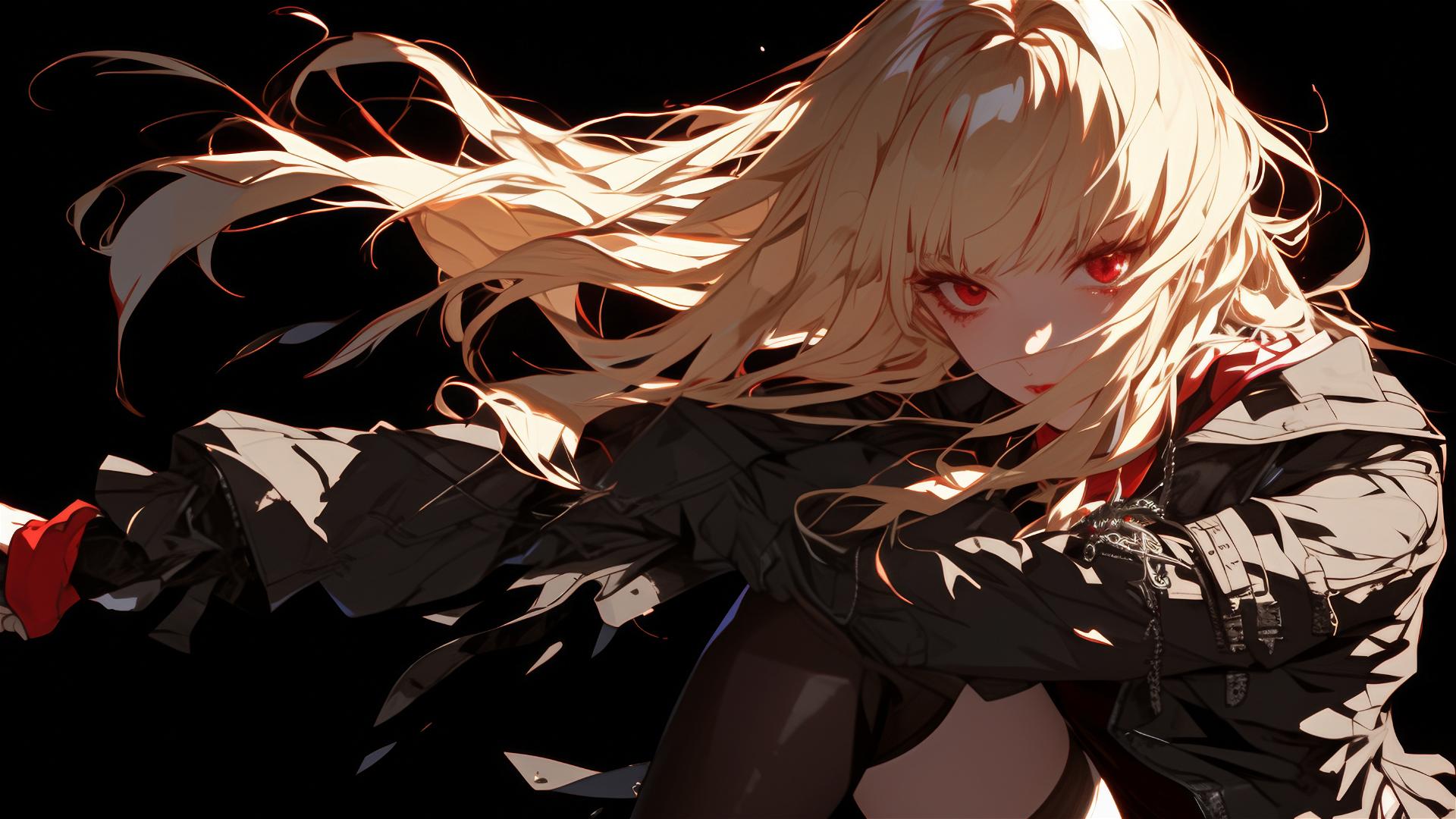 Isolated image of Misa Amane from Death Note with red eyes and dynamic pose against dark background