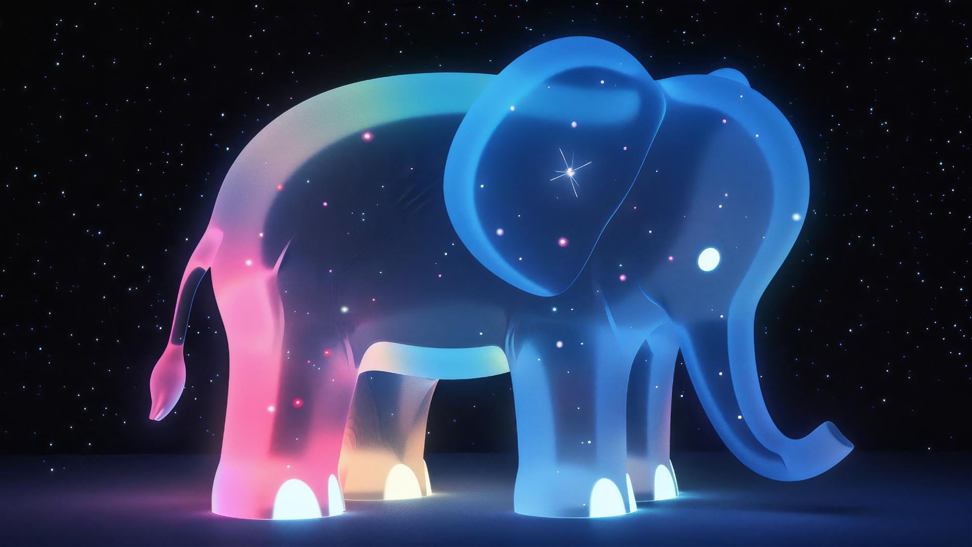 Glowing crystal elephant bending over to look at a tiny luminescent firefly in its trunk