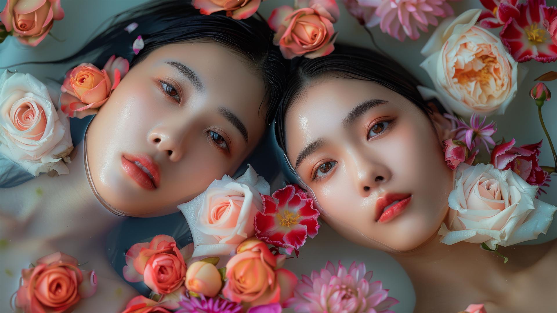 Two 20-year-old Asian women sitting in a tub filled with flowers at a Chinese spa