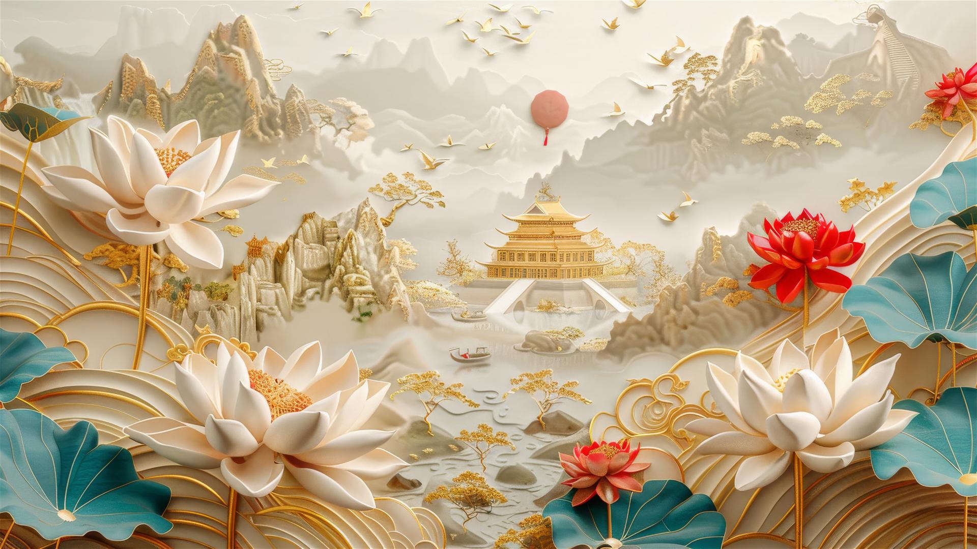 3D Asian painting of golden mountains, serene temple, lotus flowers in paper carving style