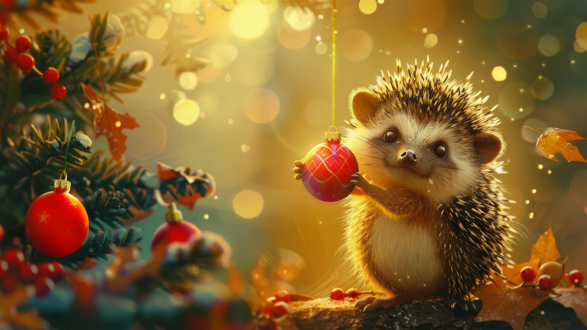Cheerful hedgehog with a Christmas ornament in front of a festive tree