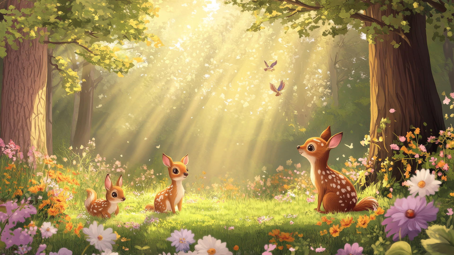 Cute forest glade wallpapers with woodland creatures and blooming flowers