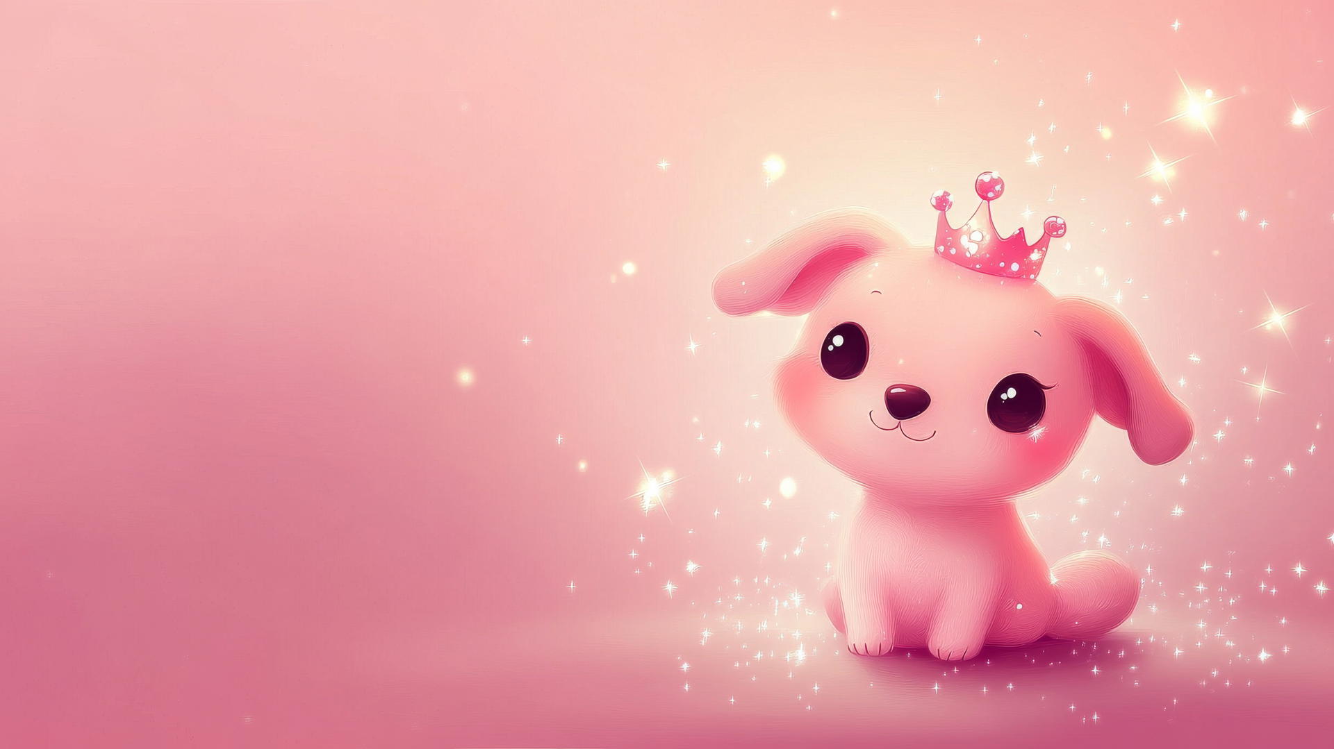 pink cute puppy wallpaper with crown, sparkles, and stars on pink gradient