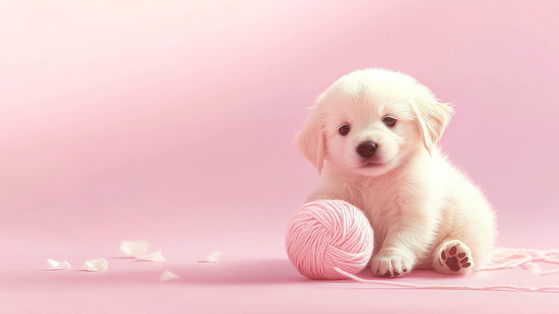pink cute puppy playing with yarn on pastel background