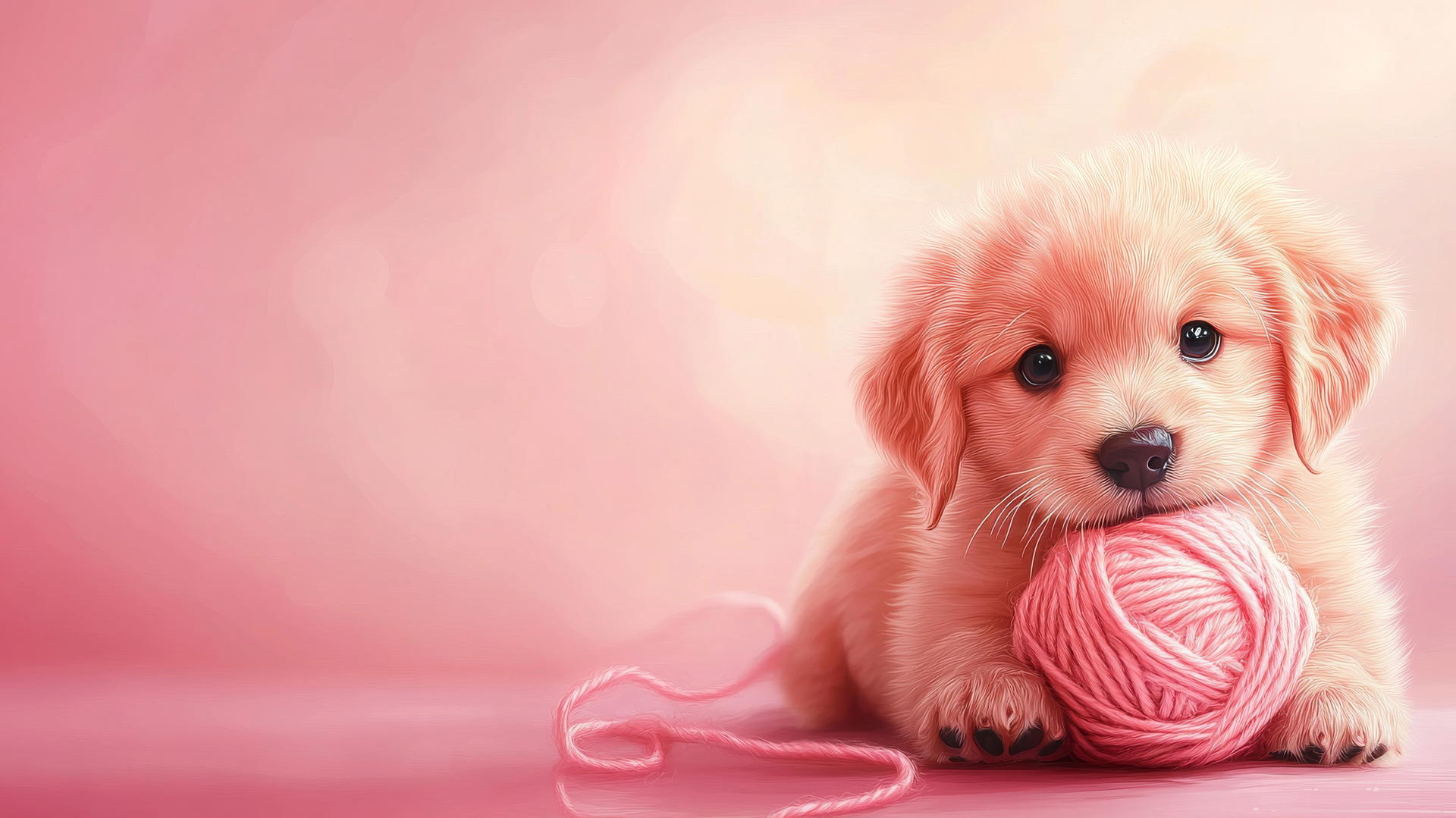 pink cute puppy wallpaper with pastel background and yarn ball