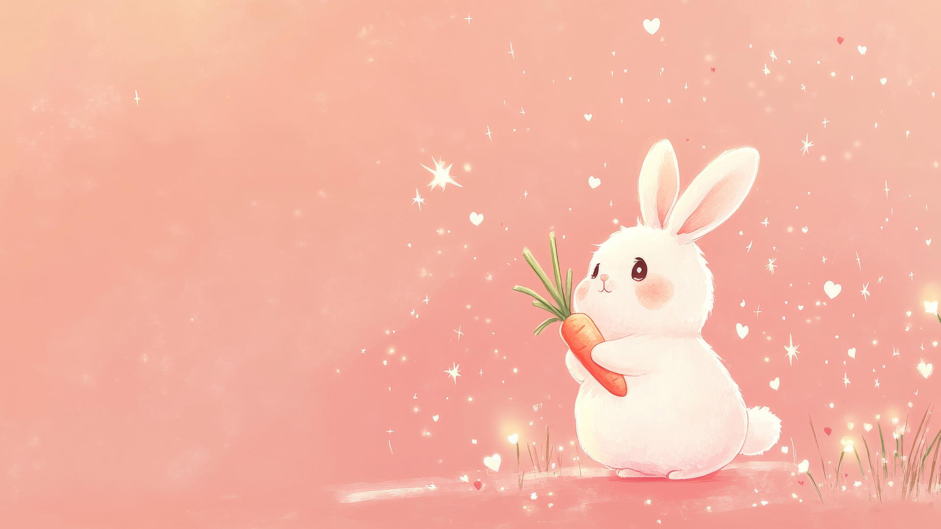 Pink cute wallpaper with a bunny holding a carrot, surrounded by hearts and stars.